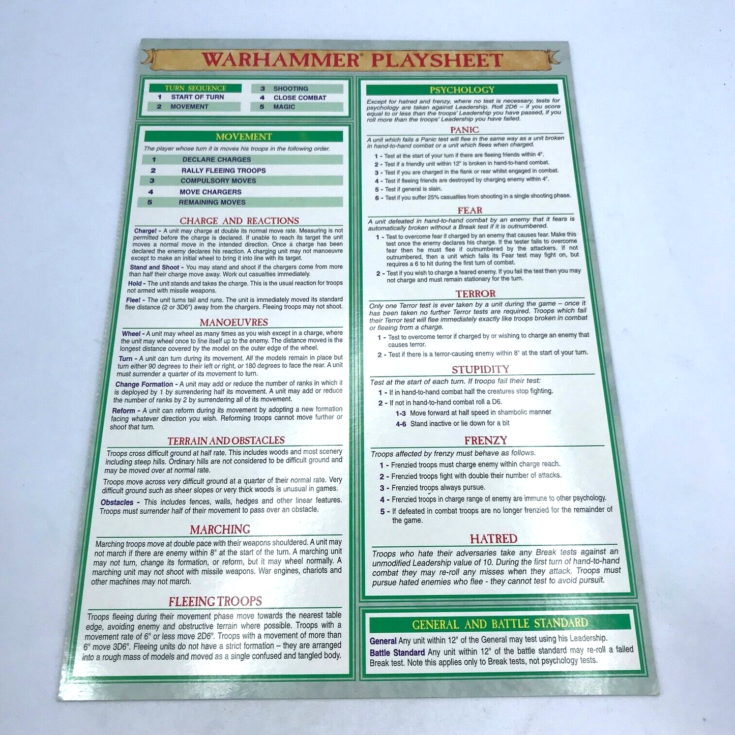 Classic Warhammer Card Playsheet Turn Rules - Warhammer Fantasy X1