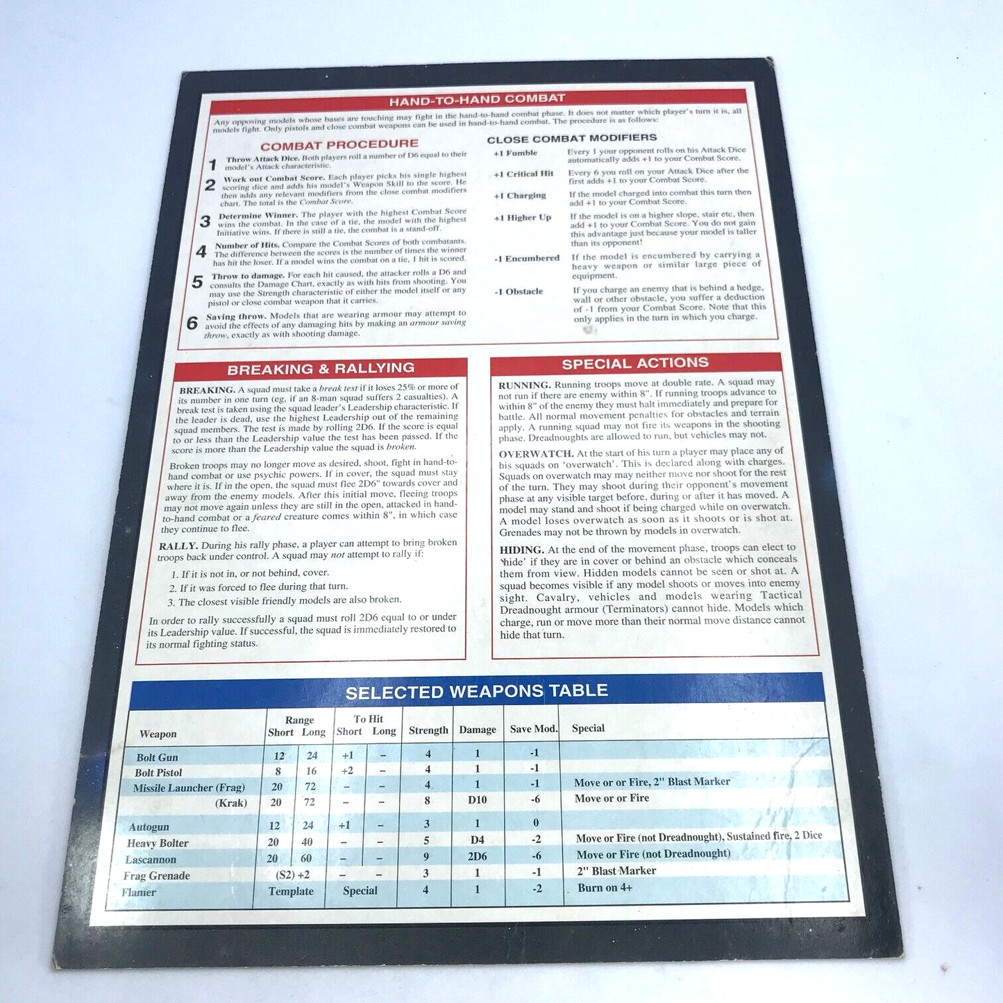 Classic Warhammer 40K Card Playsheet Turn Sequence Rules - Warhammer 40K X2