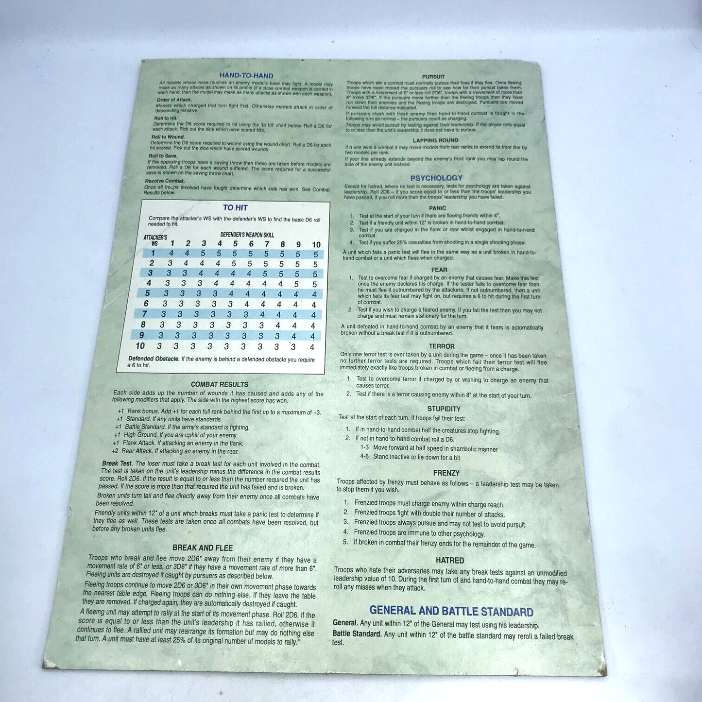 Classic Warhammer Rules Playsheet Card - Warhammer Fantasy X1