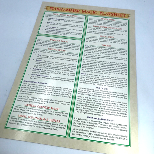 Classic Magic Playsheet Card Guide - Two Sided - Warhammer Fantasy Y98