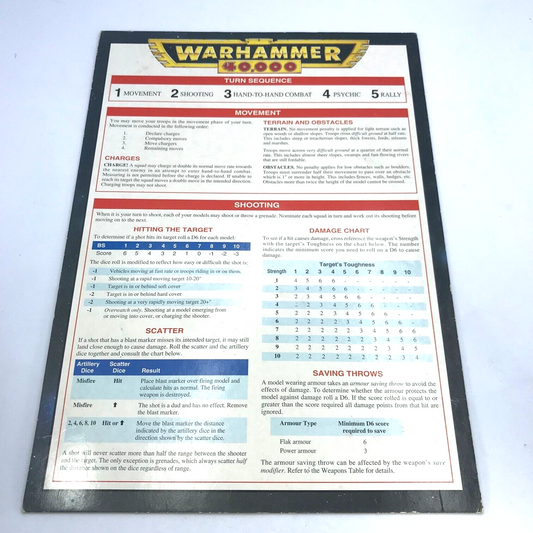 Classic Warhammer 40K Card Playsheet Turn Sequence Rules - Warhammer 40K X2