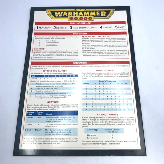 Classic Warhammer 40K Card Playsheet Turn Sequence Rules - Warhammer 40K X1